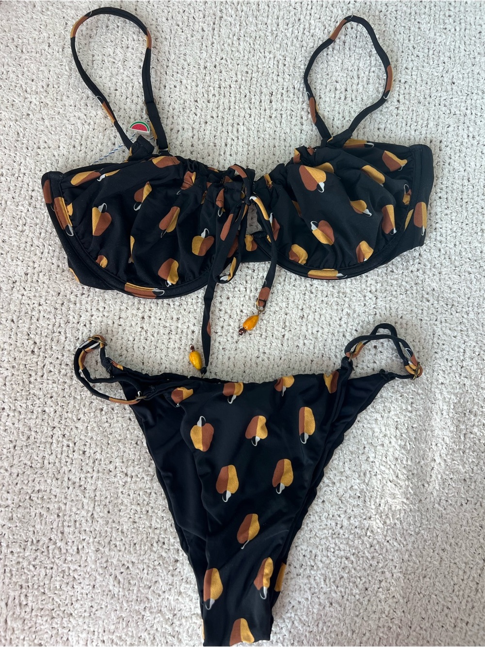 FARM Rio Black Bikini Set with Brown & Yellow Cashews Print